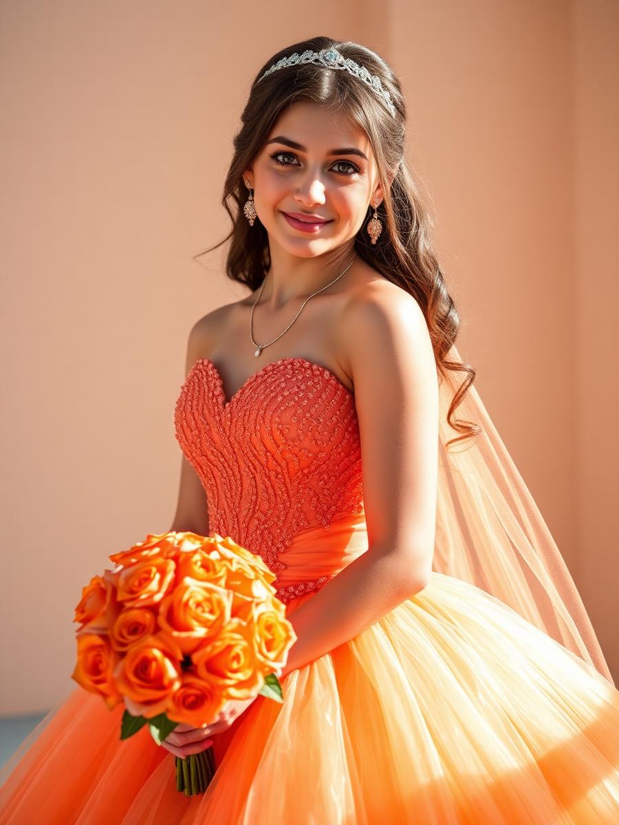 Valentina Sofía con un ramo de rosas naranjas