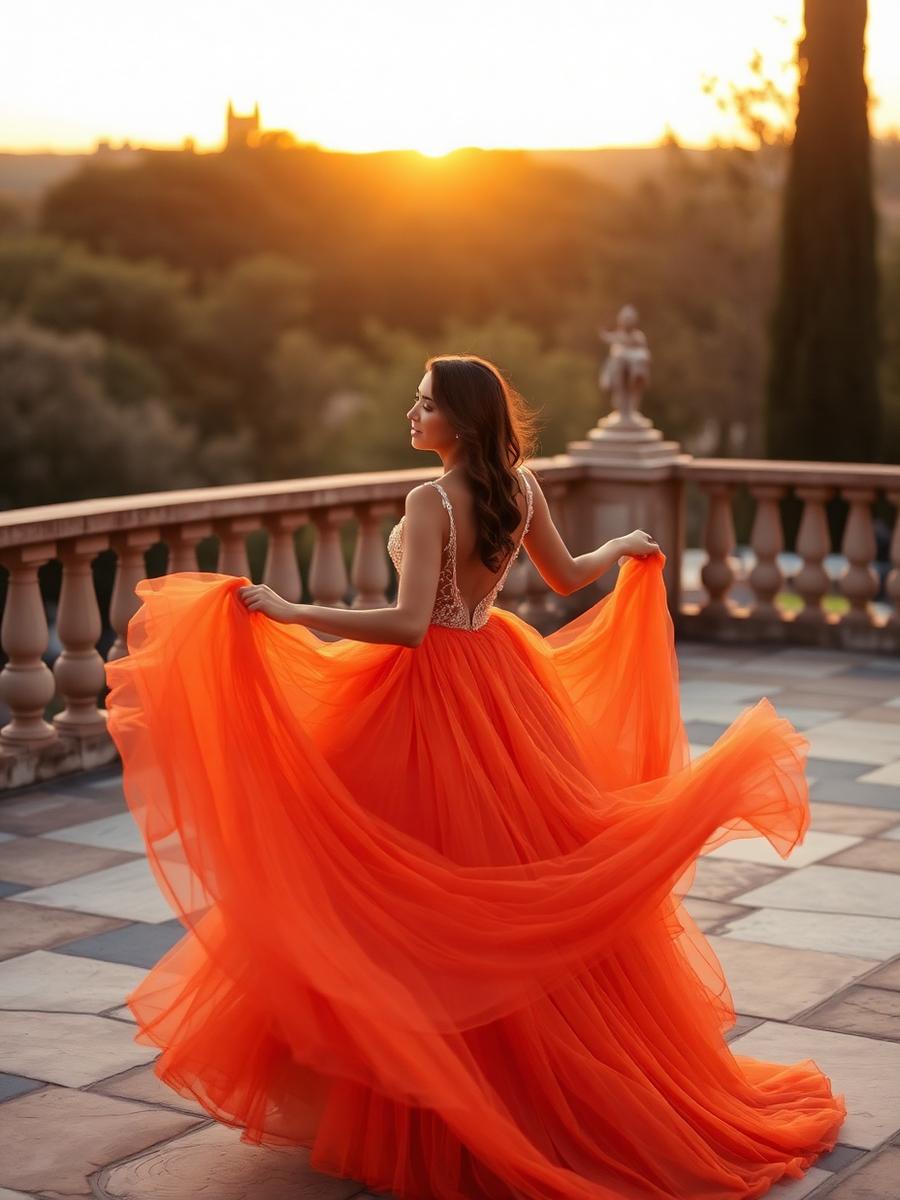 Valentina Sofía girando con su vestido naranja en la terraza