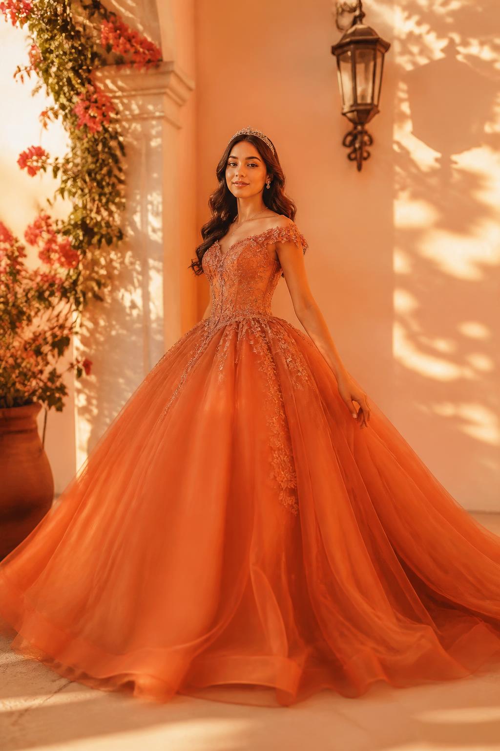 Valentina Sofía con vestido naranja en luz dorada
